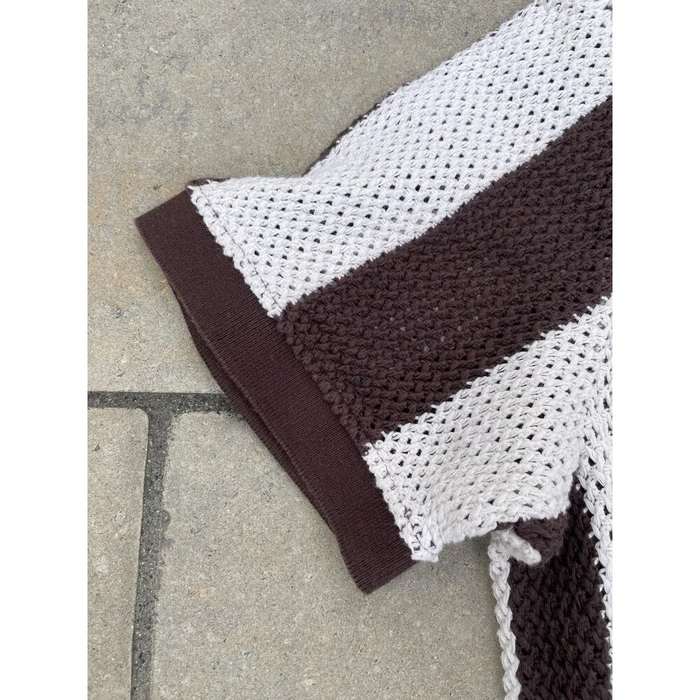 Zara Men’s Polo Shirt Sweater Knitted Brown/Creme Striped Size Large
